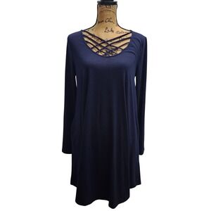Zenana Premium Navy Blue Tunic Dress Long Sleeve Criss Cross Neck‎ L